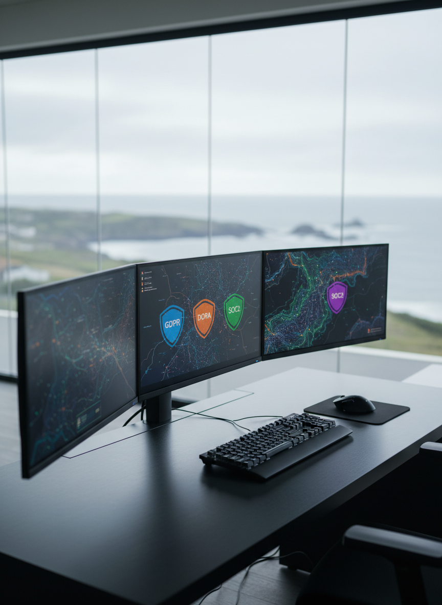 A sleek, modern cybersecurity operations desk with three ultra-wide monitors displaying abstract, colorful data visualizations, network maps, and shield icons representing GDPR, DORA, ISO27001, and SOC2 compliance. The workstation sits in a clean, glass-walled office with subtle hints of the North East Ireland coastline visible through a large window in the distance. Soft, diffused daylight enters from the left, creating gentle reflections on the brushed metal desk and matte black keyboard. Photographic realism, eye-level composition with a slight angle, sharp focus on the screens, and a softly blurred background convey a calm, professional atmosphere and a sense of organized digital protection for SMEs.