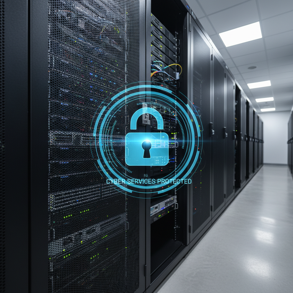 A close-up, photographic image of a secure server rack with neatly arranged black and silver hardware units, each glowing with small blue and green indicator lights. In the foreground, a transparent overlay of a digital padlock and circular security rings appears to float just above the metal mesh door, symbolizing cyber compliance. The server rack is positioned in a tidy, well-lit room with cool, even overhead lighting that creates crisp reflections on the metal surfaces. Shot at a slightly low angle with sharp focus throughout, the mood is professional, controlled, and reassuring, ideal for illustrating robust cyber services.