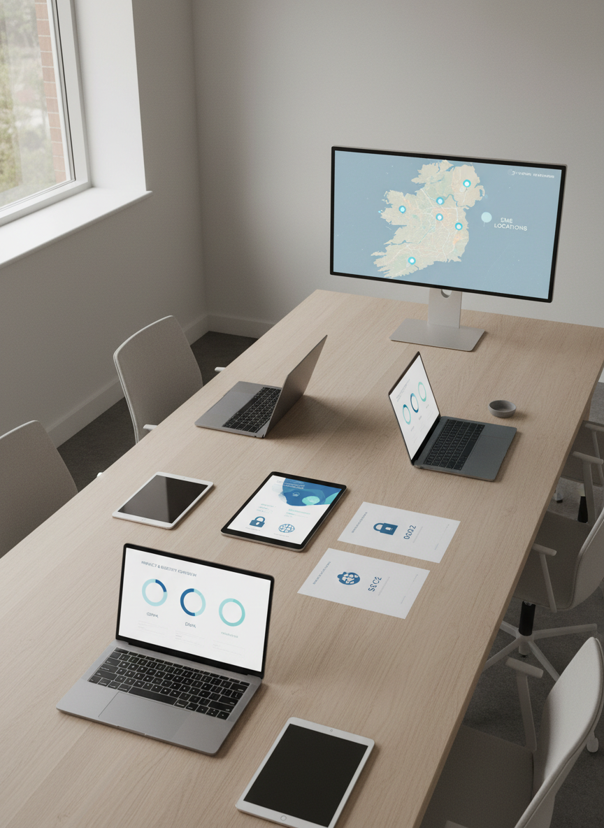 An overhead, photographic shot of a minimalist office meeting table made of light oak wood, arranged with open laptops, a tablet showing a stylized compliance dashboard, and printed diagrams with icons representing GDPR, DORA, ISO27001, and SOC2. A large digital map of North East Ireland is displayed on a slim monitor at the end of the table, with softly glowing nodes highlighting regional SME locations. Natural, overcast daylight from a nearby window produces soft shadows and an even, neutral tone. The composition uses the rule of thirds, with a calm, organized atmosphere suggesting strategic planning and structured privacy support without any people present.
